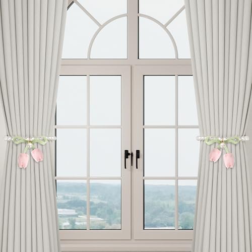 Magnetic Curtain Tiebacks - 2 Pack Pearl Drape Holdbacks in Pink