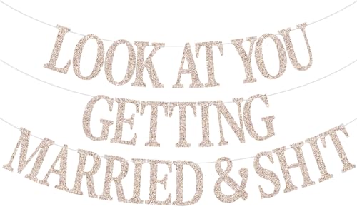 GREABRRY Champagne Glitter Wedding & Bachelorette Banner - 9ft Just Married Decor
