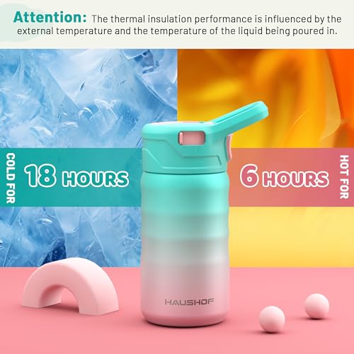 HAUSHOF Kids Water Bottle 2-Pack (12 oz) BPA-free with Straw and Stickers, Stainless Steel Vacuum Double Wall Insulated cup with Leak Proof for school, Gifts, Boys and Girls(Blue/Pink)