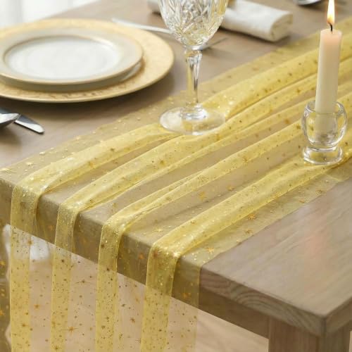 Yellow Gold 28 x 120 Inch Reversible Glitter Sheer Table Runner for Wedding Holiday Party