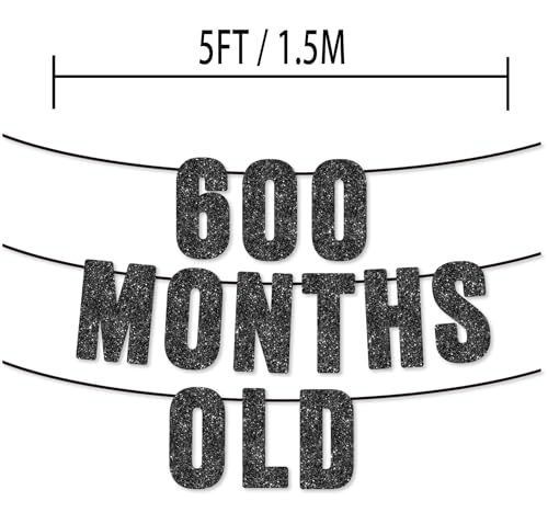 50th Birthday Party Black Glitter Banner - 600 Months Old