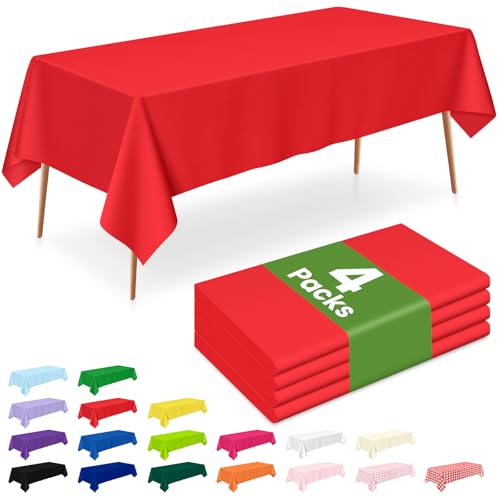 Disposable Red Plastic Tablecloth 54 x 108 Inches - 4 Pack for Parties