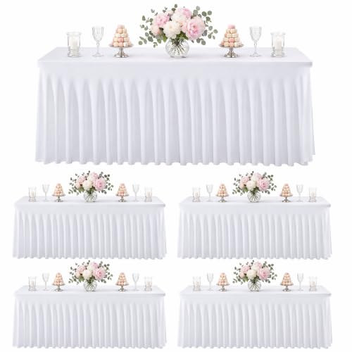 White Stretch Spandex Tablecloths 6ft Fitted with Skirt for Weddings Party Banquets