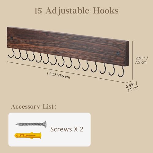 Lolalet Wall Mounted Wooden Necklace Holder - 15 Hook Organizer - Brown