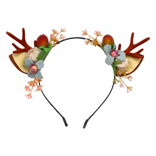 Christmas Reindeer Antlers Headband, Floral Deer Ear Headpiece with Flowers and Berries