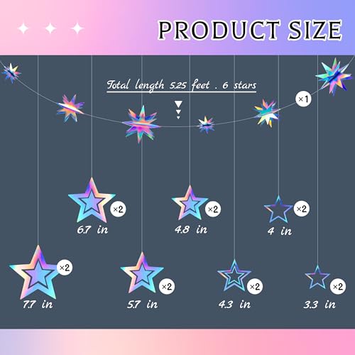 14pc Iridescent 3D Star Garland for Parties & Decor