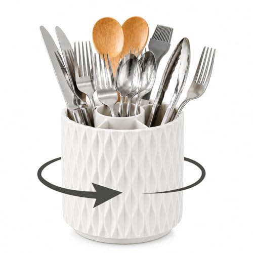 360° Rotating White Utensil Holder with 4 Slots for Countertop