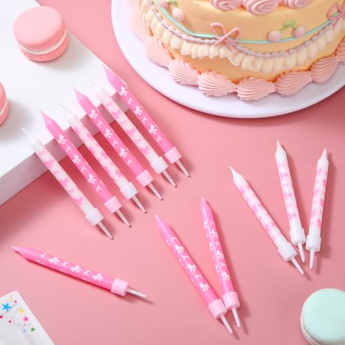 Conelist 12 Pink Bow Birthday Candles for Cake, Coquette Aesthetic, Pink & White