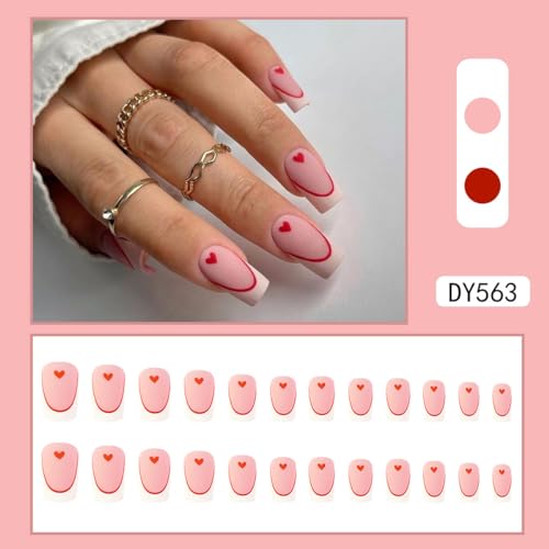 Valentine Press On Nails Medium Square French Tip Heart Fake Nails 24Pcs
