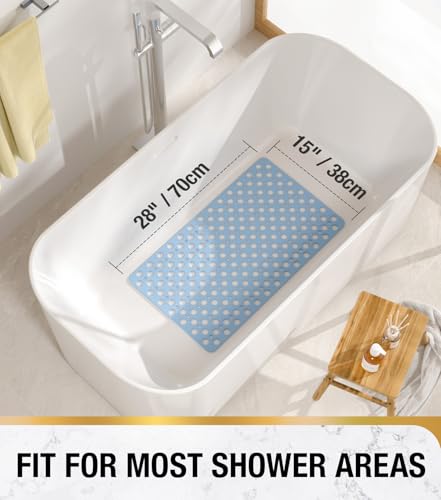 HITSLAM Non-Slip Bathtub Mat 28 x 15 Inch Blue - Soft TPE with Suction Cups
