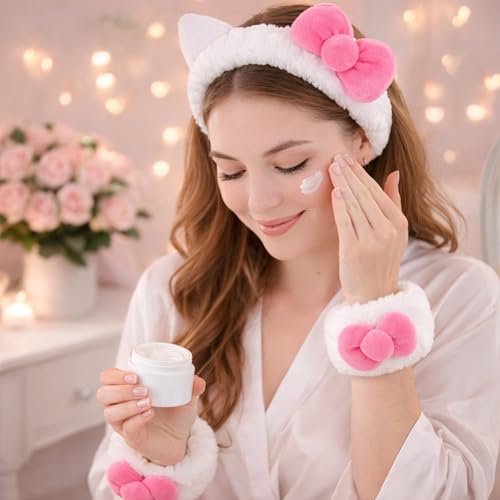 JazSwirl Cat Ear Spa Headband and Wristbands Set for Skincare and Face Washing