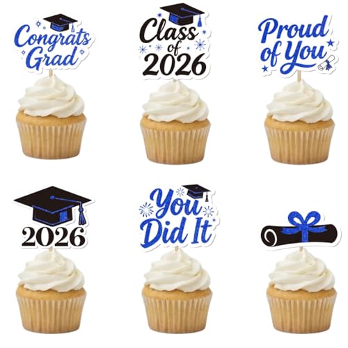 ALISSAR Blue Graduation Cupcake Toppers 36-Pack Class of 2026 Decorations