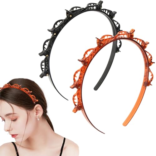 2PCS Double Layer Braid Headbands with Clips for Women Hair Styling