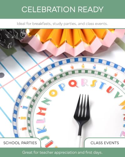 Colorful Alphabet Dessert Plates - 8 Pack, 8.5 Inch | Perfect for Classroom & School Events