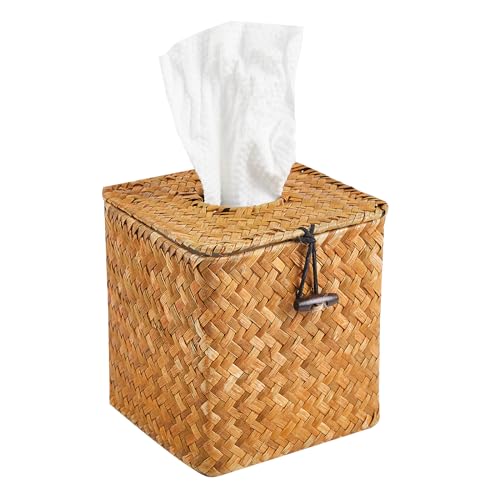 Seagrass Woven Tissue Box Cover - Square Rattan Tissue Holder for Bathroom & Bedroom