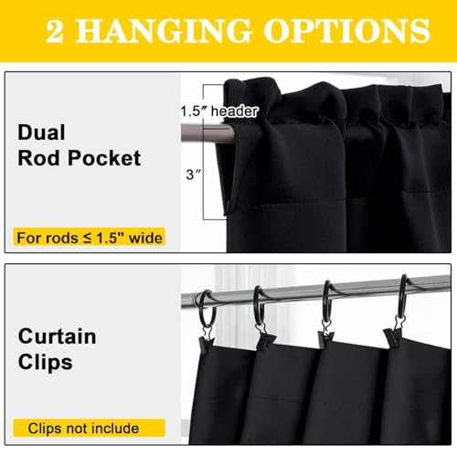 Black Valance Curtain Panel - 60" x 14" Rod Pocket, Thermal Insulated