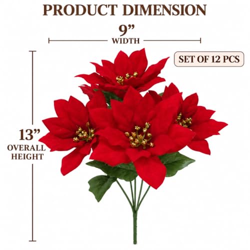 12 pcs 13-inch Velvet Artificial Poinsettia Bushes with Gold Centre - Christmas Decor, Red/Gold Variation