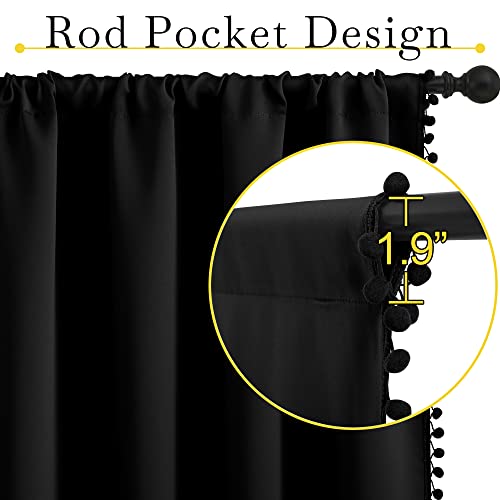 NICETOWN Blackout Curtains 2 Panels Jet Black 42"W x 63"L with Pom-Poms, Thermal Insulated Boho Style for Nursery, Playroom, Kitchen (Pack of 2)