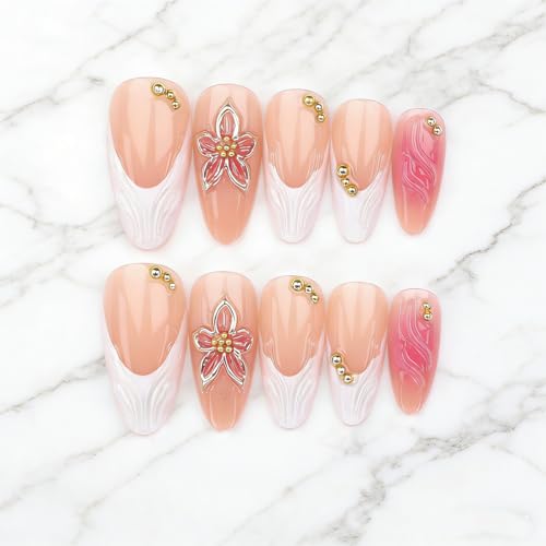 ZIFANHU Short Almond Press on Nails White French Tip with 3D Flower & Pearl