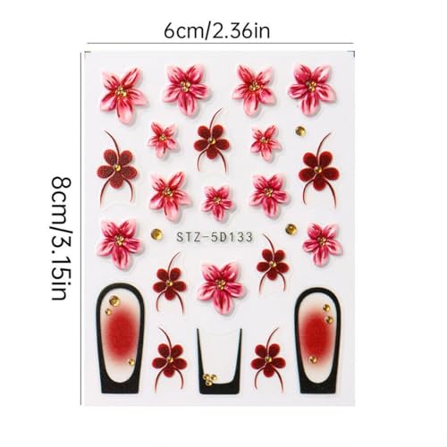 5D Embossed Flower Nail Stickers - 2 Sheets Blush French Nail Art Decals