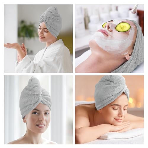 AGLIFEFY Microfiber Hair Towel Wrap - 2 Pack Light Grey Quick Dry Turban