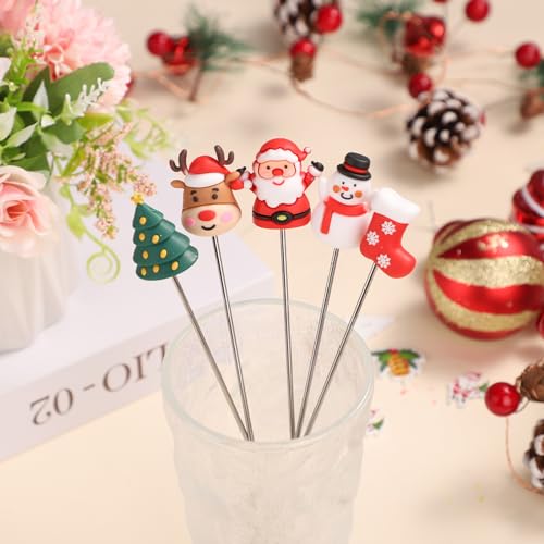 5pcs Stainless Steel Christmas Cocktail Stirrers with Silicone Holiday Patterns