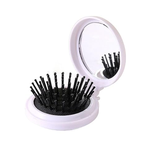 White Folding Hair Brush with Mirror - Portable Mini Travel Hairbrush