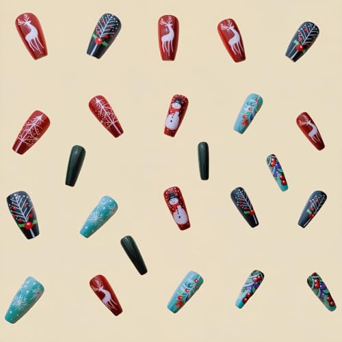 Christmas Press on Nails Medium Coffin Glossy Acrylic False Nails 24Pcs