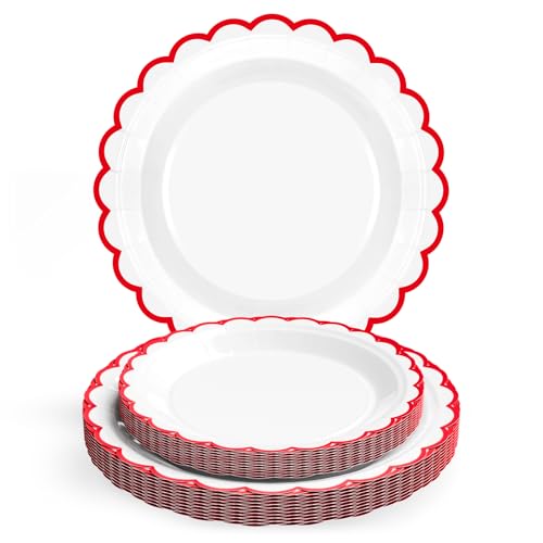 30 Pcs Red Scalloped Paper Plates - 7 & 9 Inch for Parties