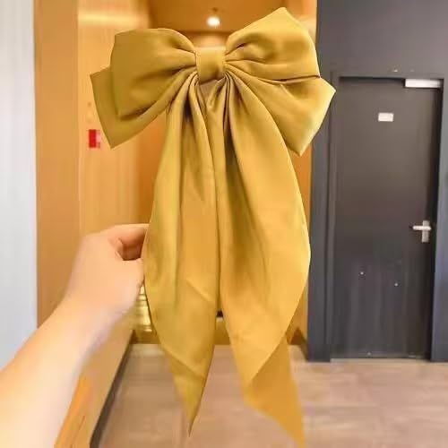 Jumbo Yellow Satin Hair Bow Clip with Long Tails French Barrette