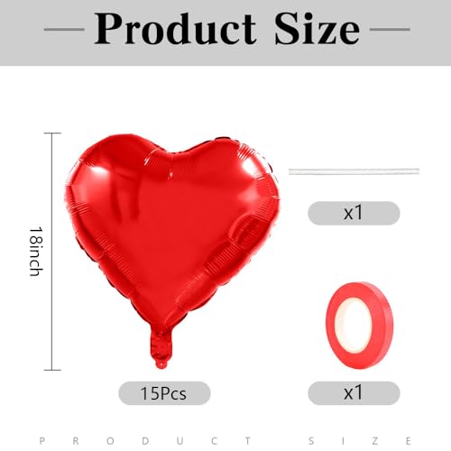 18-Inch Red Heart Balloons - 15 Pack for Valentine's Day & Weddings