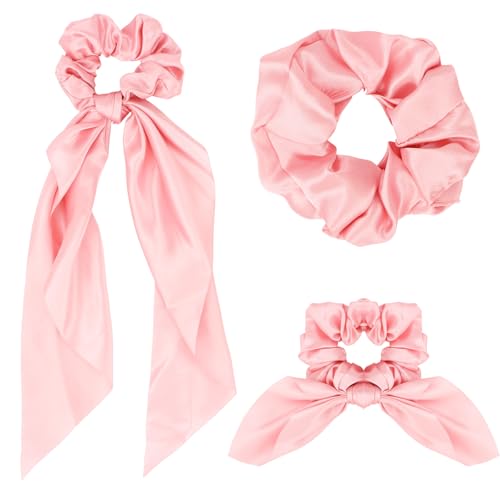 Esitrormi 3-Piece Pink Satin Hair Scrunchies with Bow and Ribbon