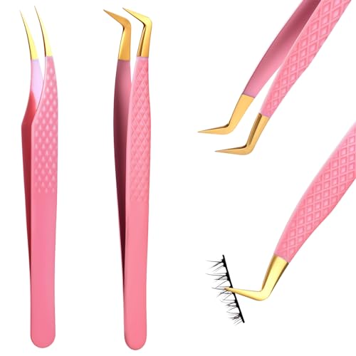 TIESOME Pink Eyelash Extension Tweezers Set - 2 PCS Stainless Steel Curved Precision Lash Application Tools