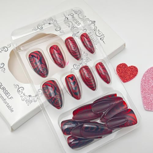 KRTBKR Dark Red Press on Nails Medium Almond Valentine False Nails with Heart