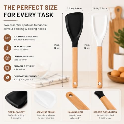 2-Pack BPA-Free Silicone Cooking Spoons with Wood Handles