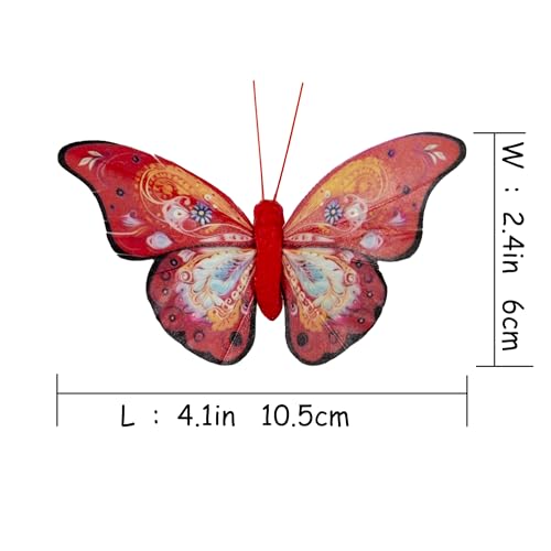 Artificial Feather Butterfly Decorations Set of 12 with Clip - Red Series for Christmas Tree F Clip