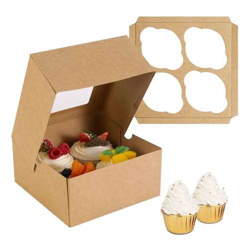 Jotique Kraft Cupcake Boxes with Window, 6-Pack, 6x6x3 Inch