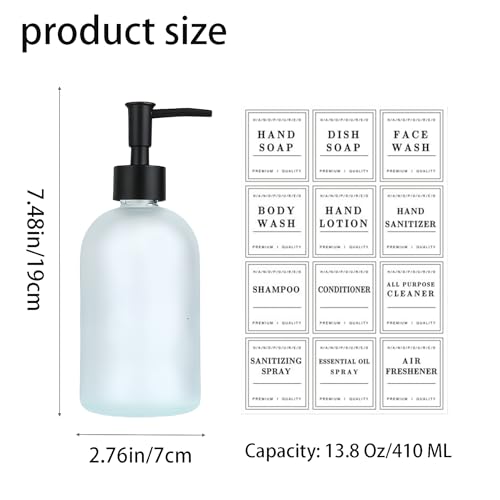 Qaoliffa Frosted White Glass Soap Dispenser with Rust-Proof Pump & 12 Labels