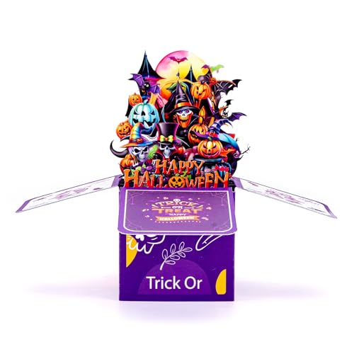 Purple Halloween 3D Pop-Up Birthday Card with Bats, Pumpkins & Skulls