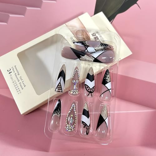 Long Coffin Press on Nails Rhinestone Gold Glitter French Fake Nails