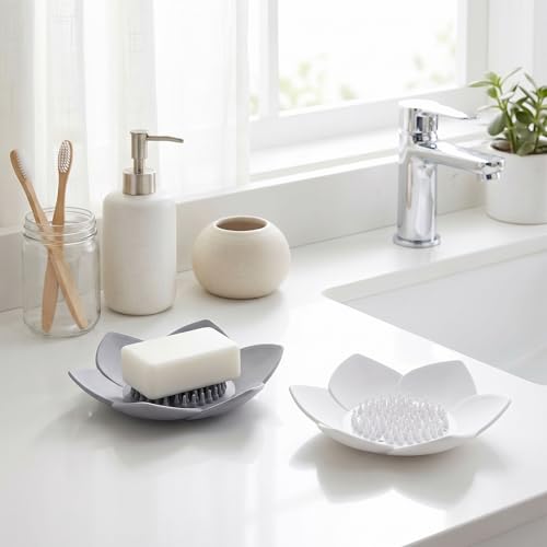JJUNW Silicone Soap Holder - 2 Pack Self-Draining Lotus Dish