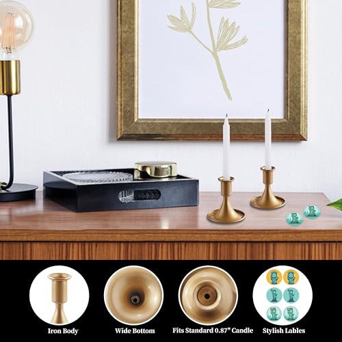 OLULU Gold Taper Candle Holders - 2PCS Vintage Brass Design