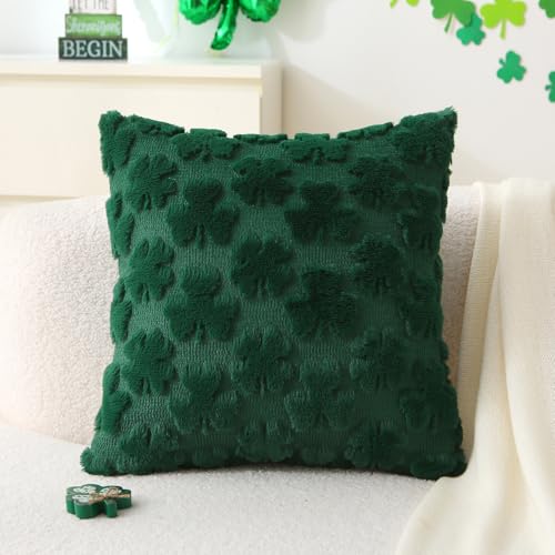 Set of 2 St. Patrick's Day Shamrock Pillow Covers - 18x18 Inch Dark Green Faux Fur