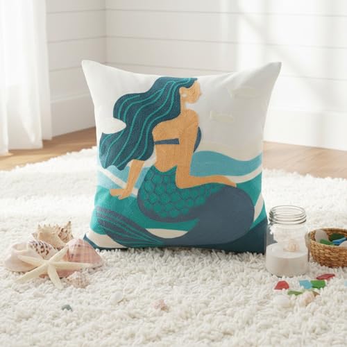 Mermaid Pillow Cover for Girls - 18x18 Inch Coastal Decor