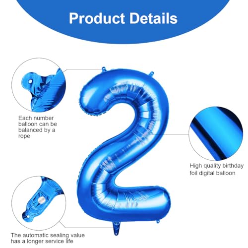 40 Inch Blue Number 2 Balloon for 2nd Birthday Decoration