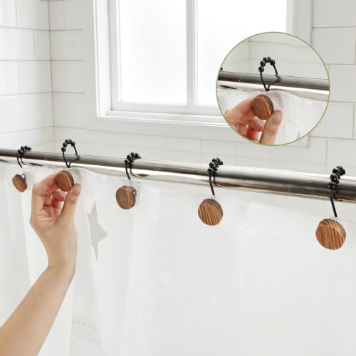 Natural Wood Shower Curtain Hooks - Five Beads Design, 12 Pack