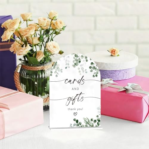 CRASPIRE Arched Cards and Gifts Table Sign 5.9"x7.8" White Acrylic Plaque with Base for Wedding Reception and Anniversary Party Decor
