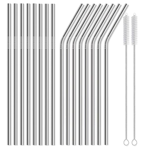 Reusable Stainless Steel Straws Set - 16 Pack, 8 Straight & 8 Bent, 8.5 Inch