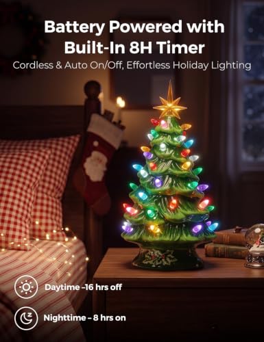 Green Ceramic Christmas Tree 13 Inch Pre-lit Tabletop Holiday Decor - Brightown