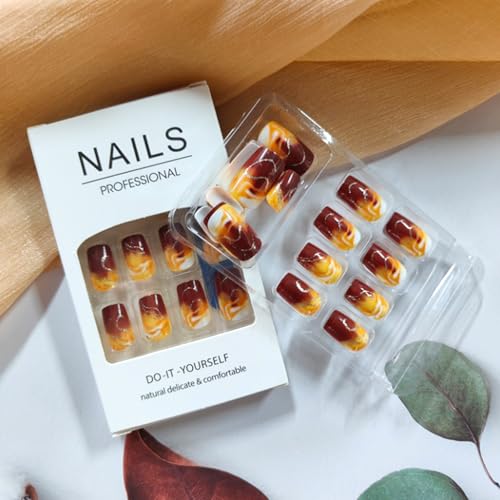 Ombre Brown Medium Square Press on Nails Glossy False Acrylic Nail Kit